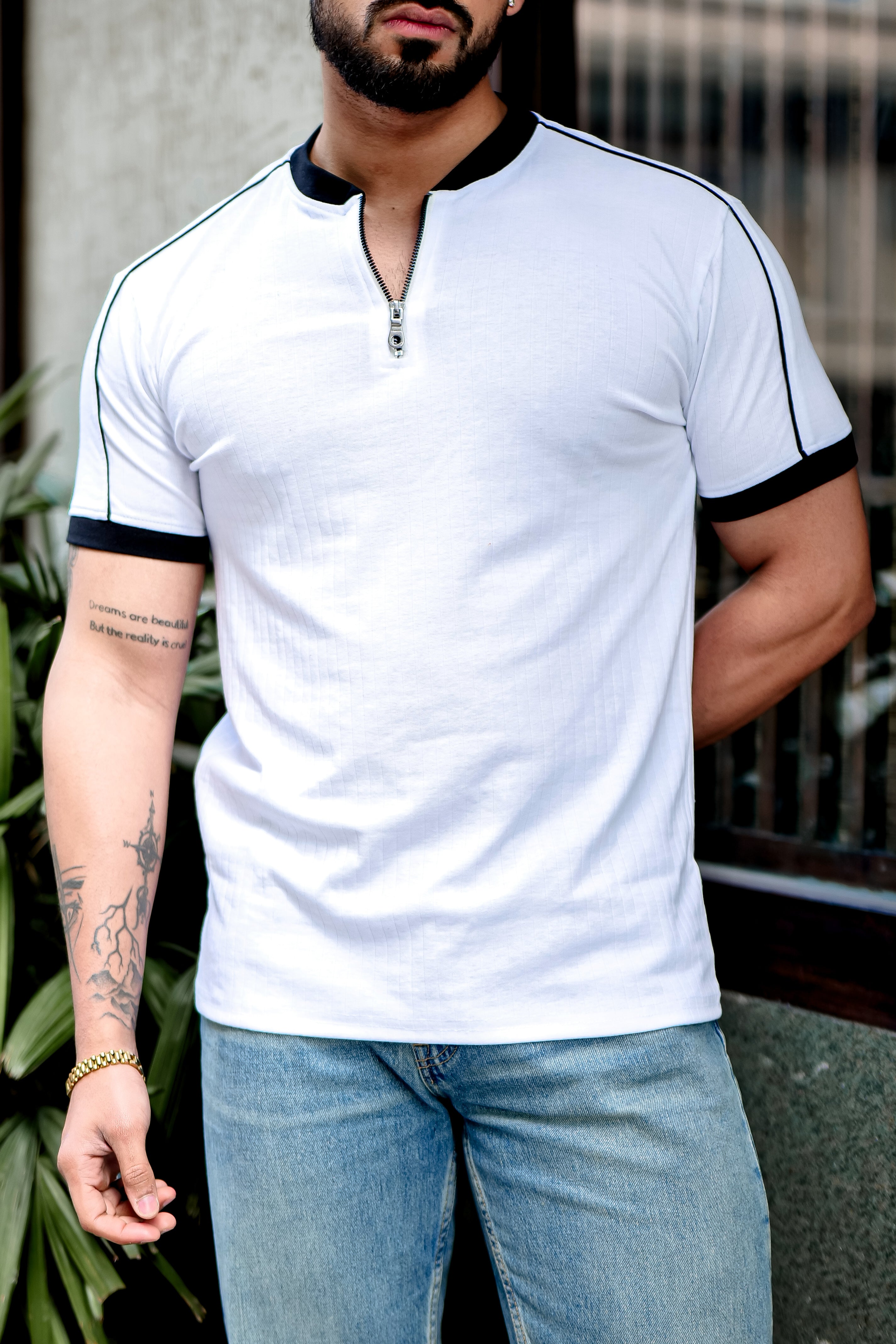 White Drop Needle Mandarin Zipper T-Shirt