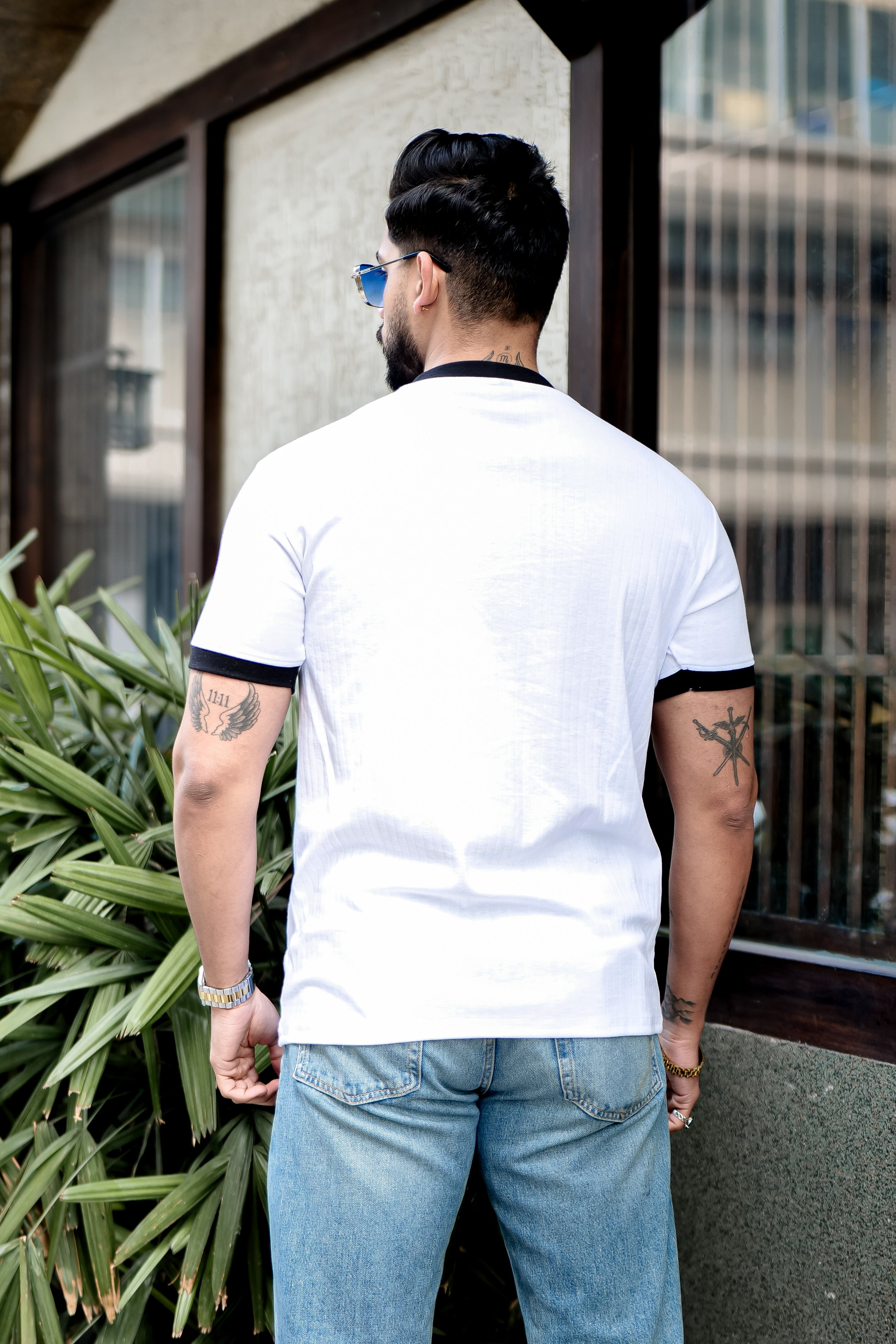 White Drop Needle Mandarin Zipper T-Shirt