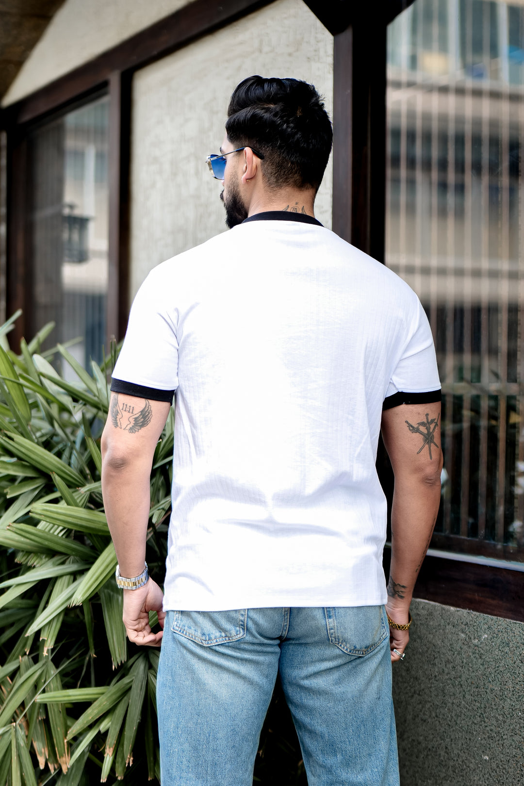 White Drop Needle Mandarin Zipper T-Shirt