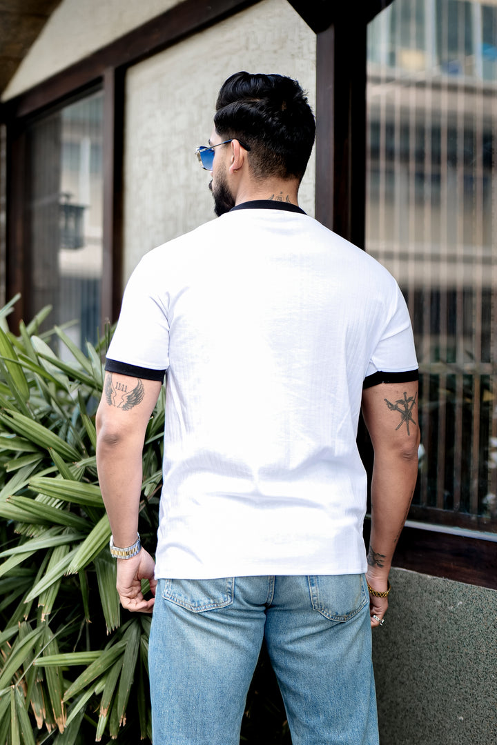 White Drop Needle Mandarin Zipper T-Shirt