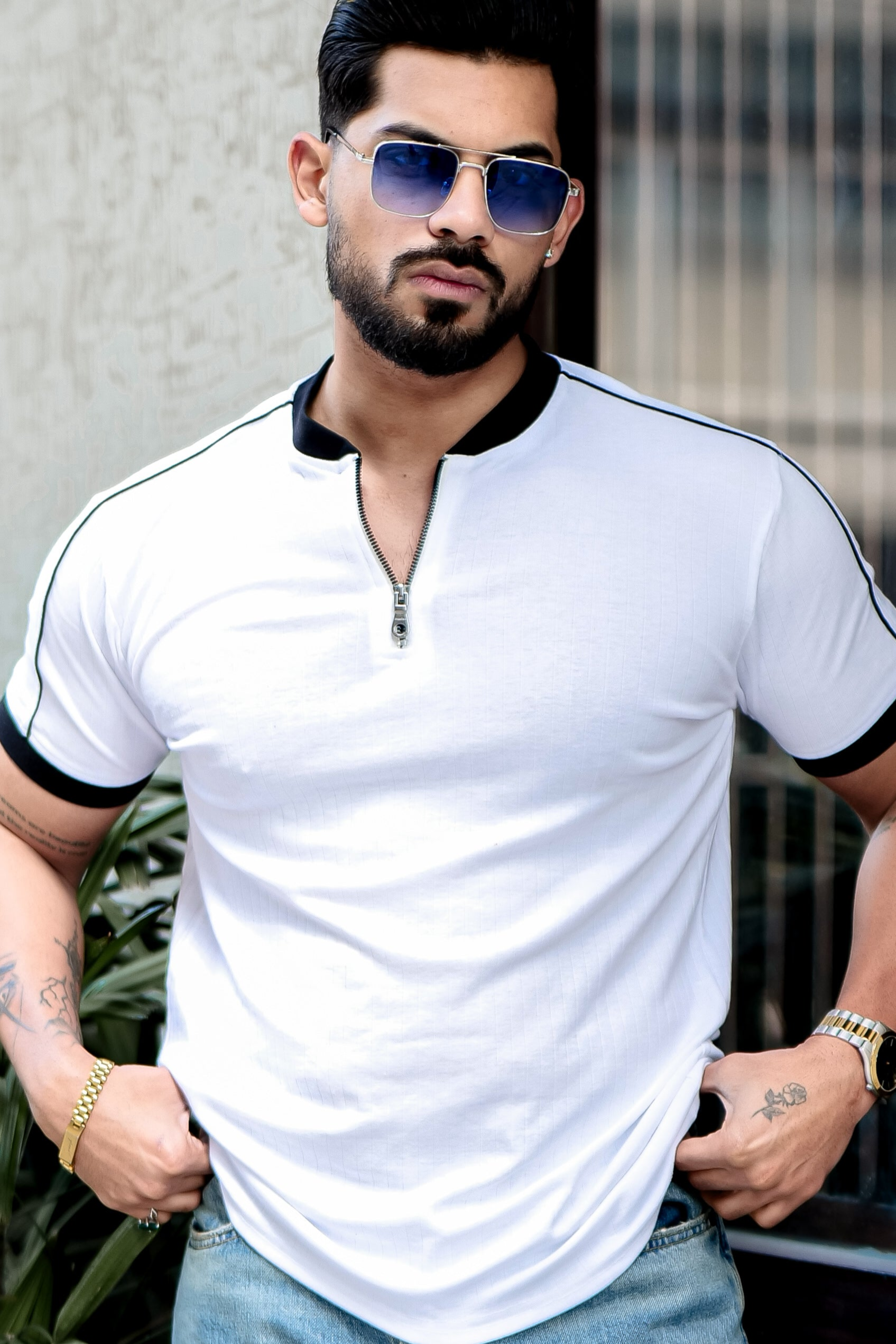 White Drop Needle Mandarin Zipper T-Shirt