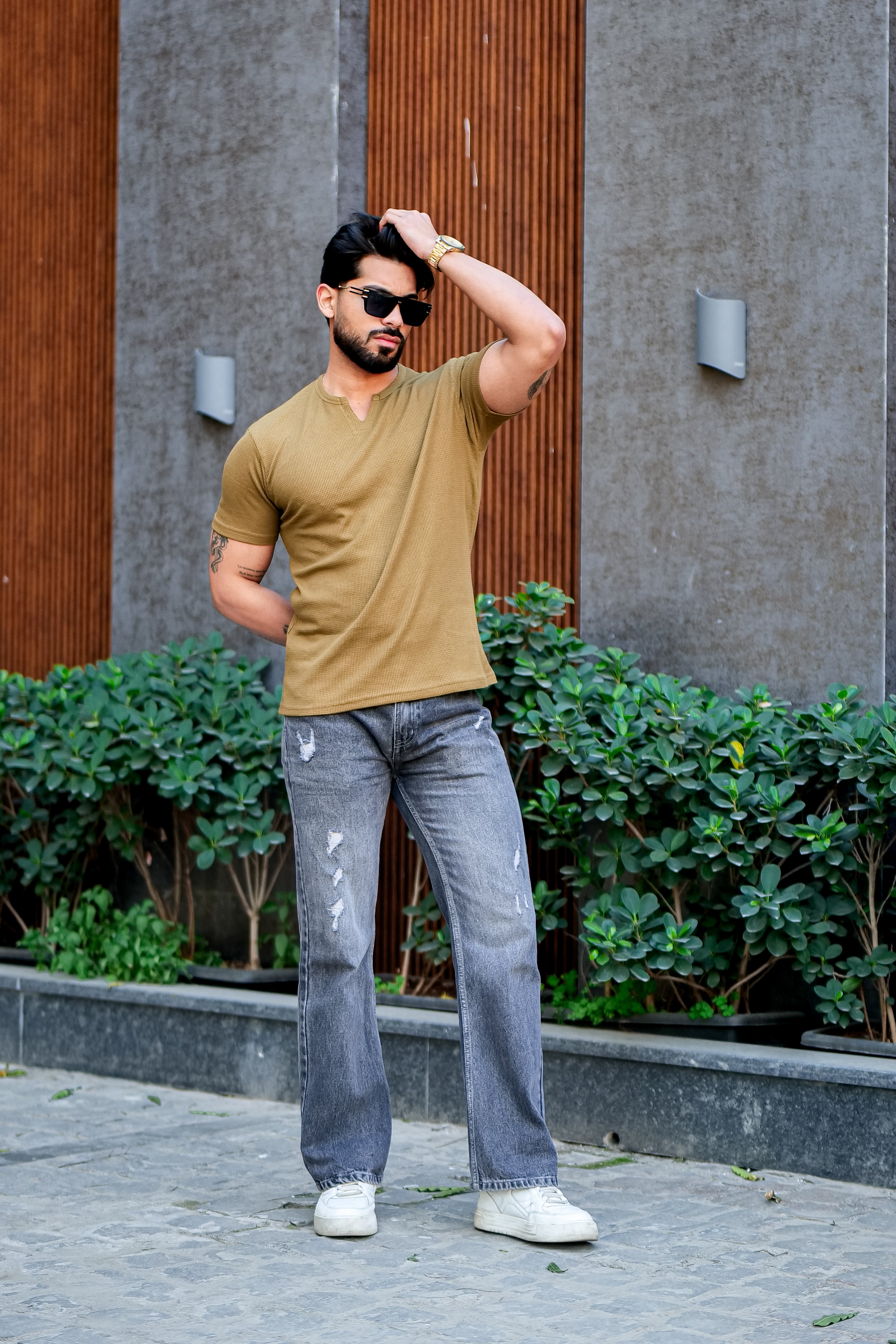 Gold Waffle V Neck T-Shirt