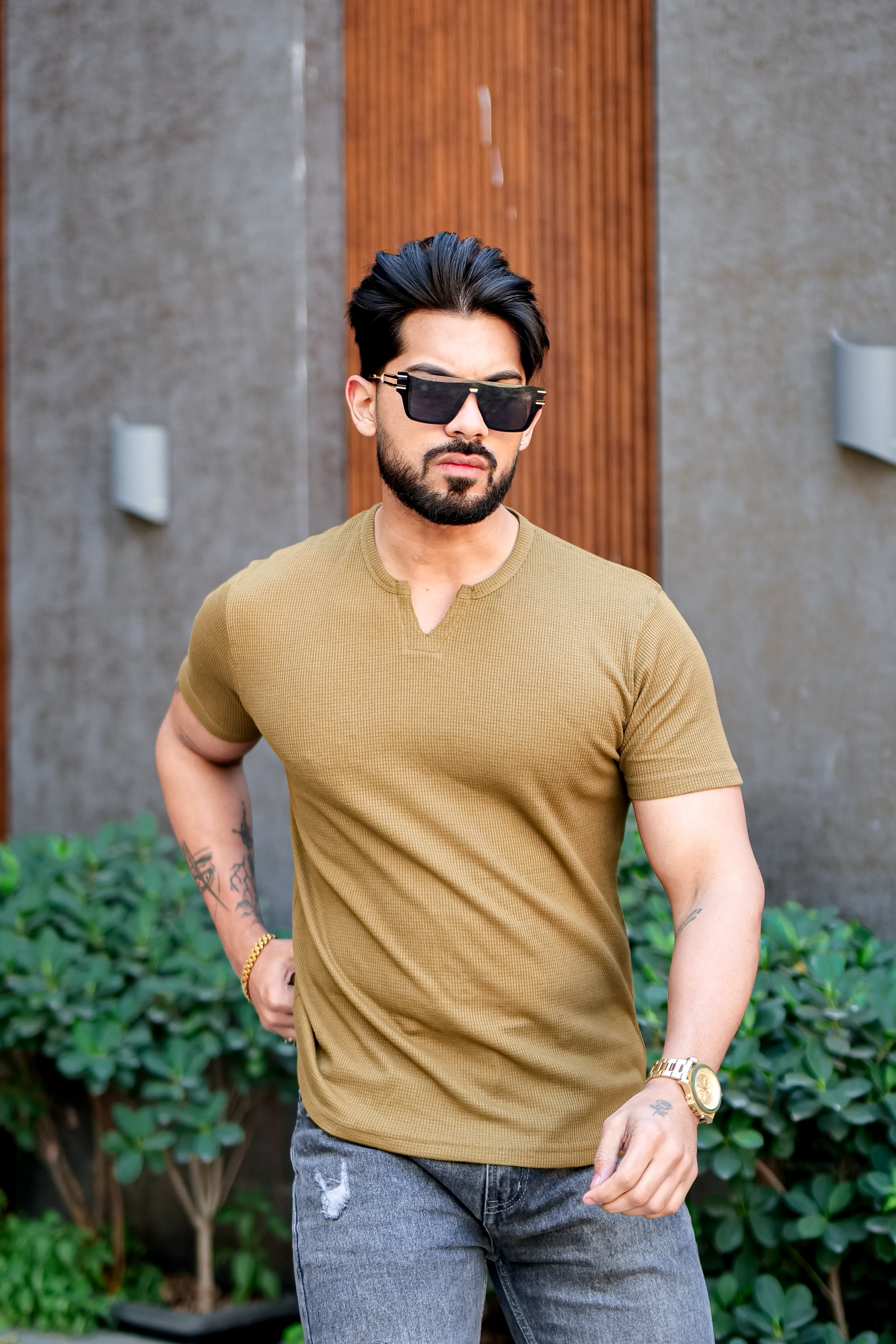 Gold Waffle V Neck T-Shirt
