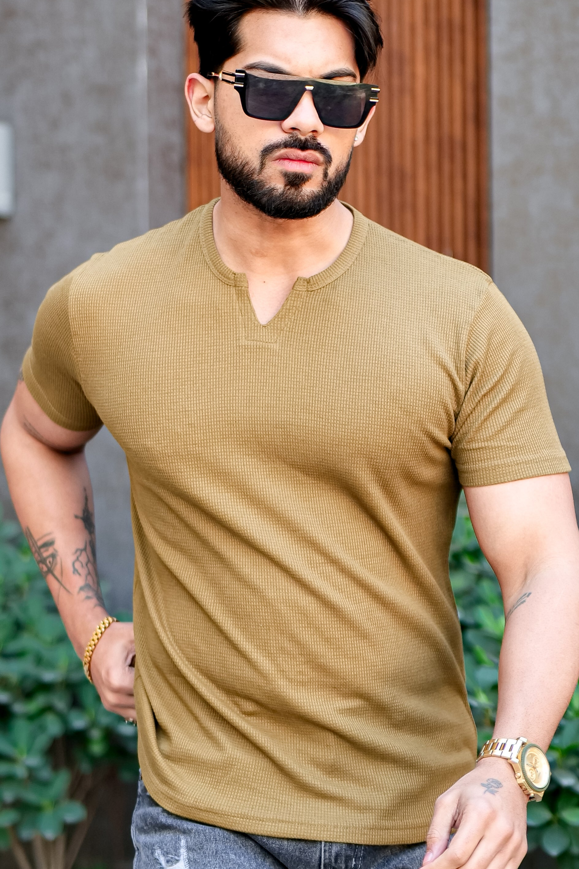 Gold Waffle V Neck T-Shirt