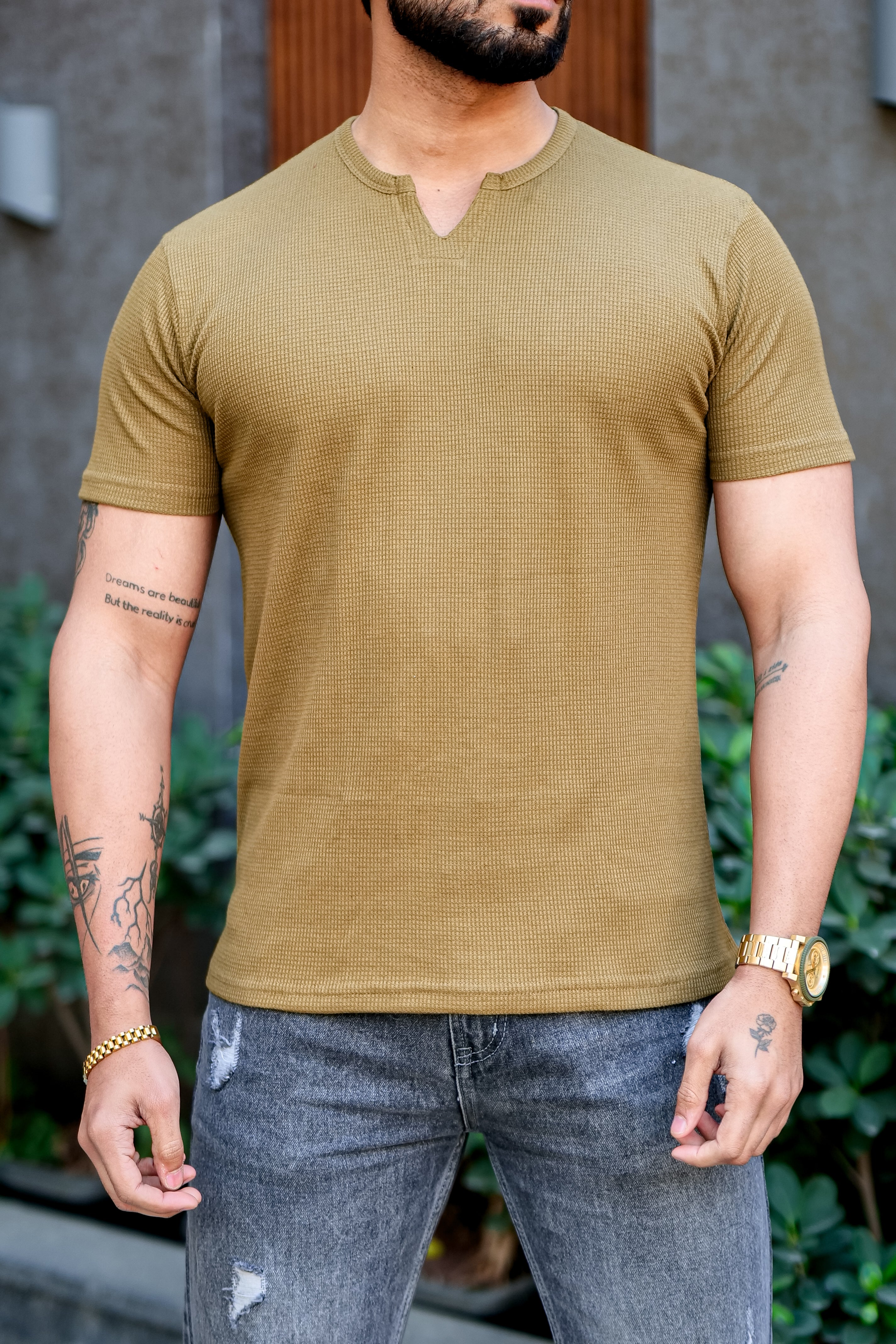 Gold Waffle V Neck T-Shirt