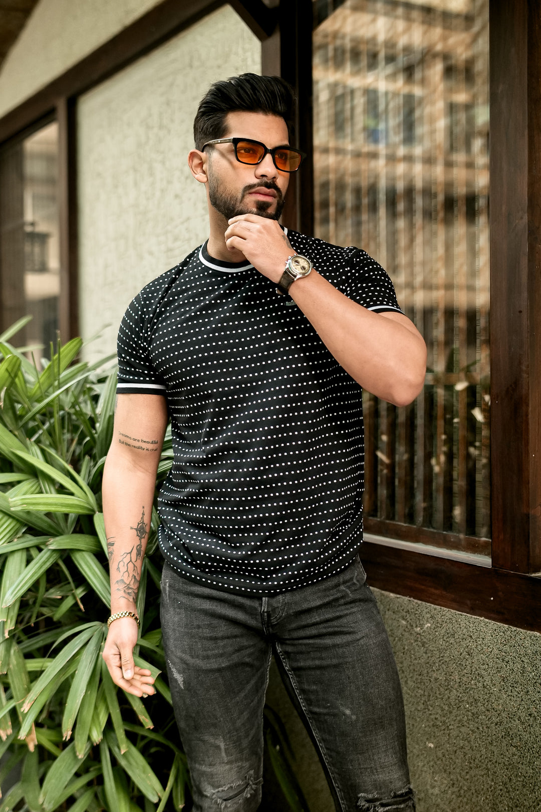 Black Dot Print Round Neck T-Shirt
