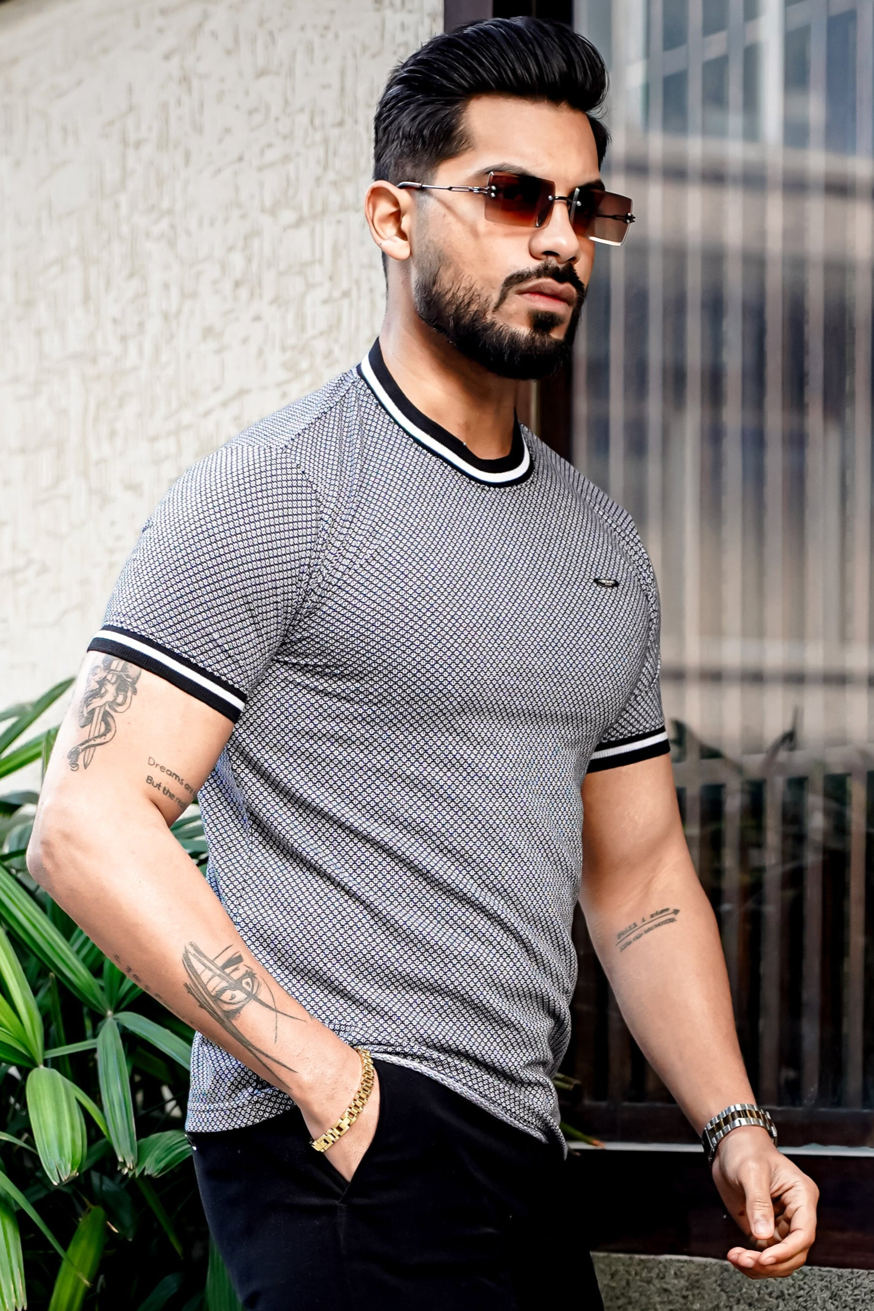 Grey Self Design Round Neck T-Shirt