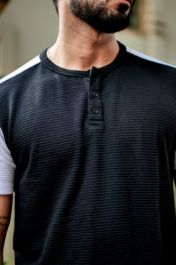 Black Self Design Colorblock Henley T-Shirt
