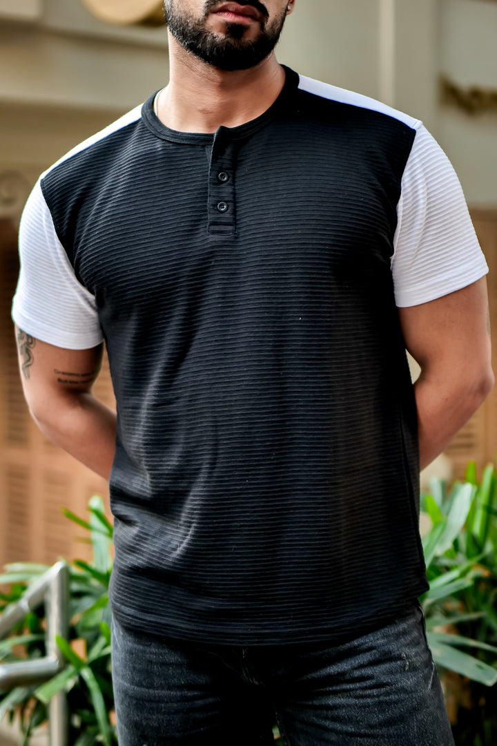 Black Self Design Colorblock Henley T-Shirt