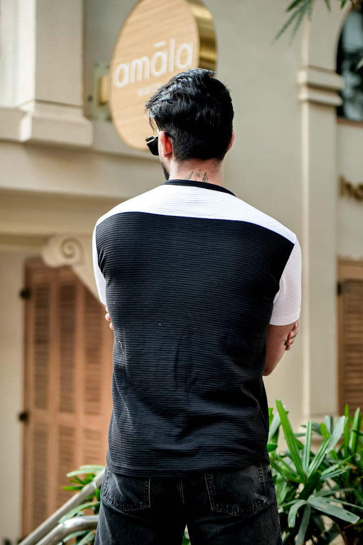 Black Self Design Colorblock Henley T-Shirt