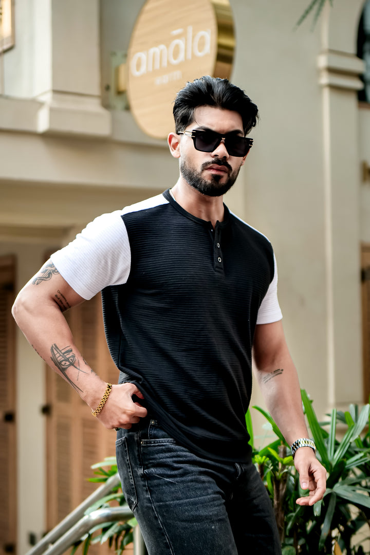 Black Self Design Colorblock Henley T-Shirt