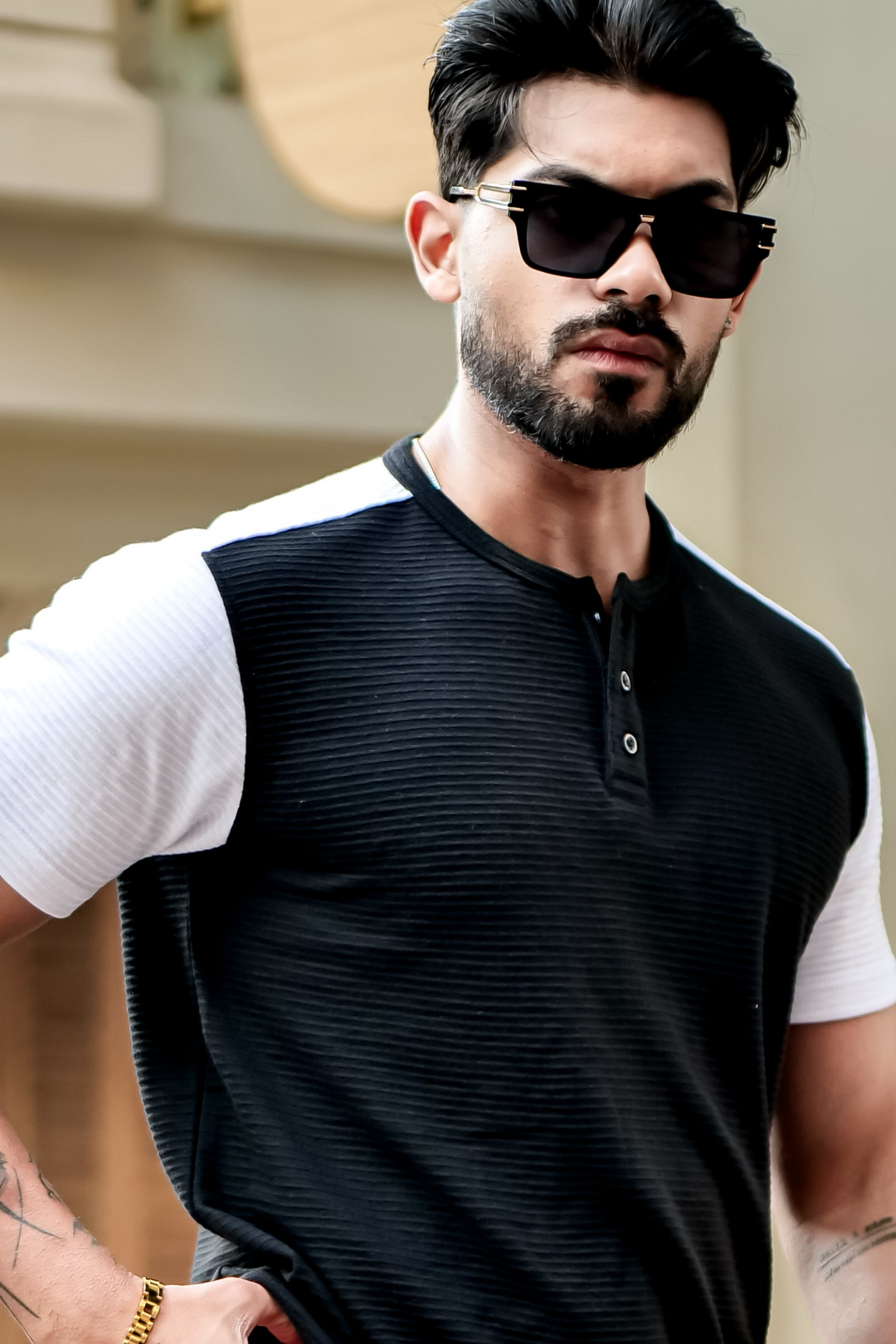 Black Self Design Colorblock Henley T-Shirt