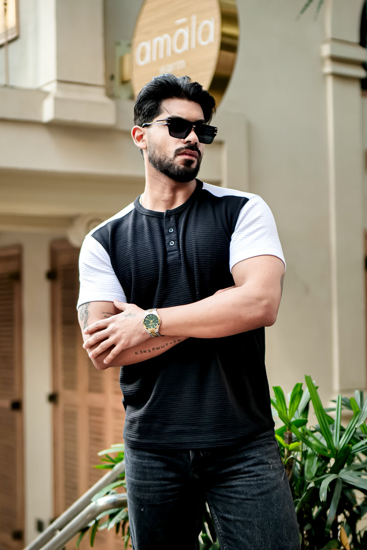 Black Self Design Colorblock Henley T-Shirt