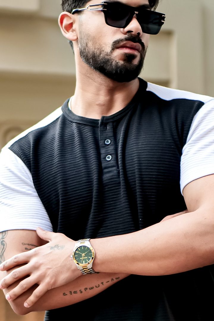 Black Self Design Colorblock Henley T-Shirt