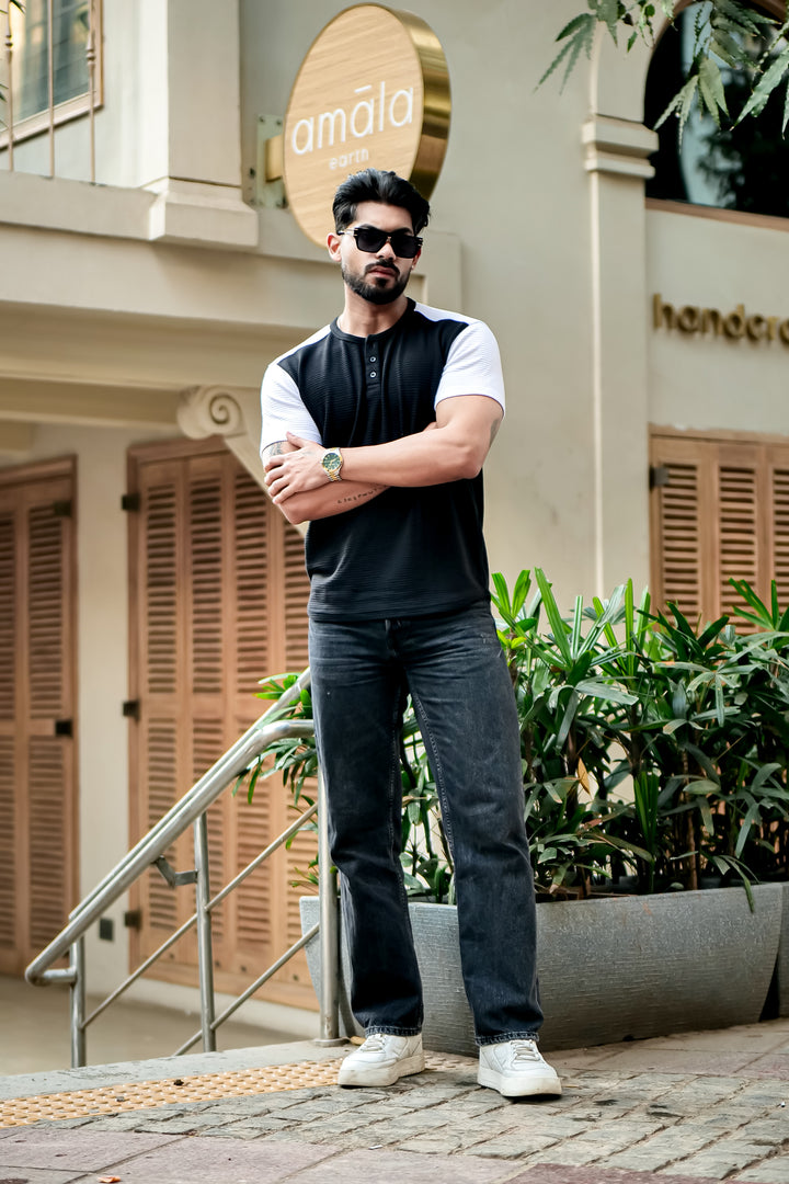 Black Self Design Colorblock Henley T-Shirt