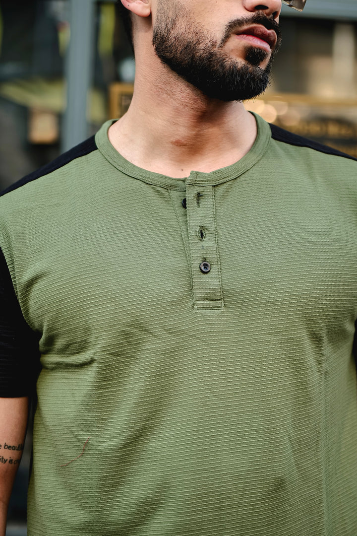 Olive Self Design Colorblock Half Sleeve T-Shirt
