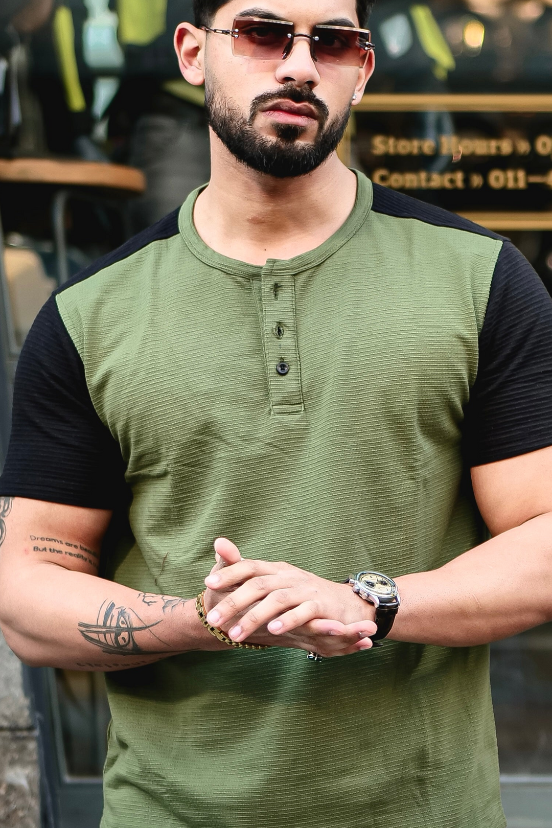 Olive Self Design Colorblock Half Sleeve T-Shirt