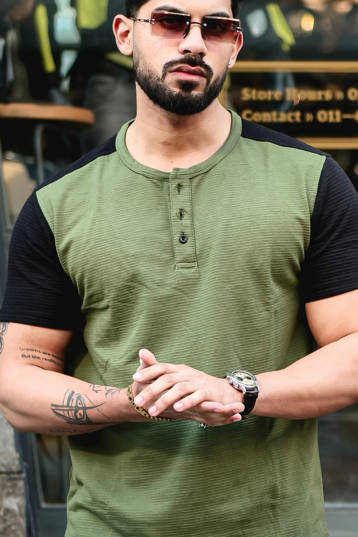 Olive Self Design Colorblock Half Sleeve T-Shirt