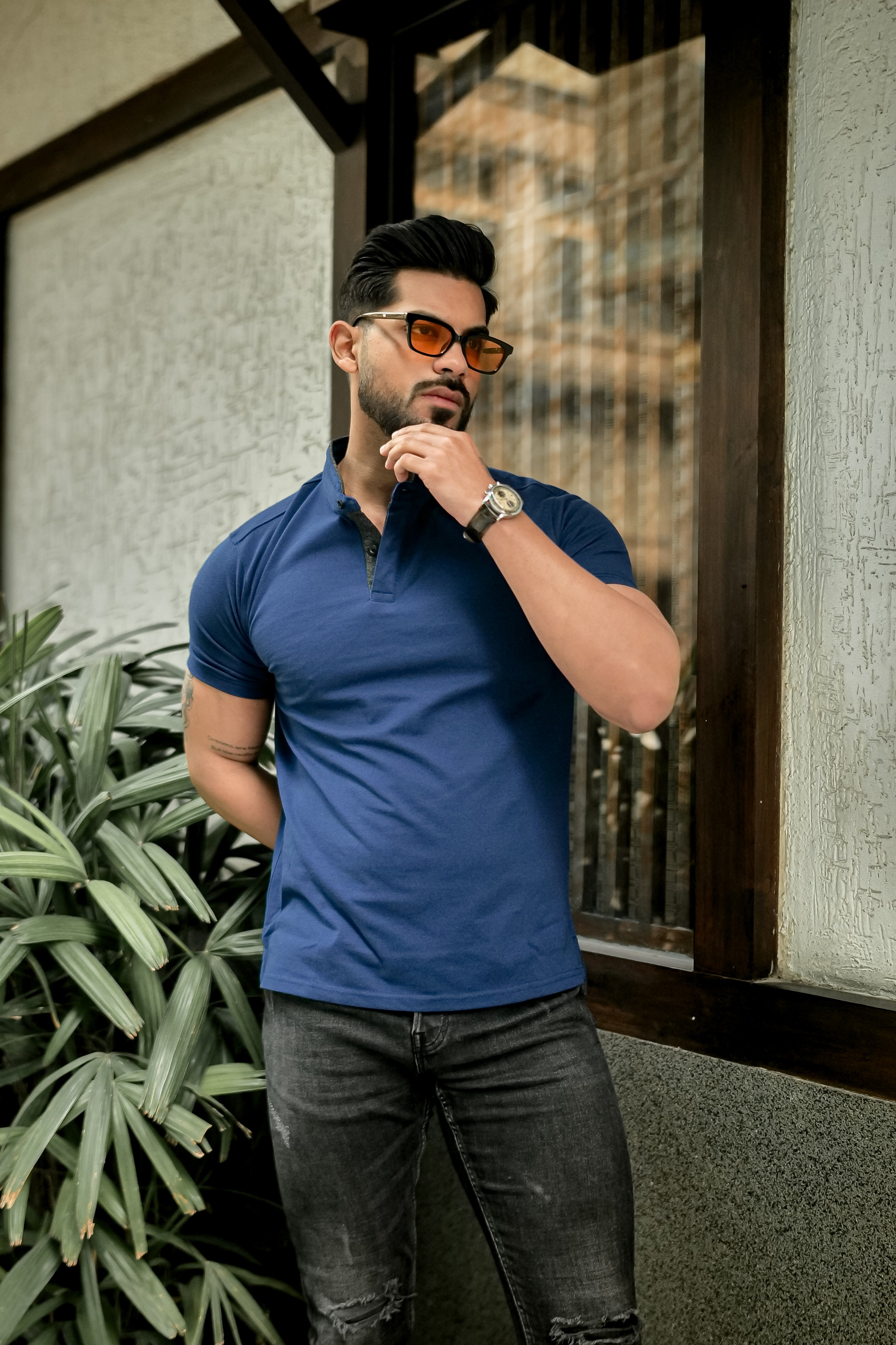 Royal Blue Mandarin Collar Tinted Fabric Henley T-Shirt