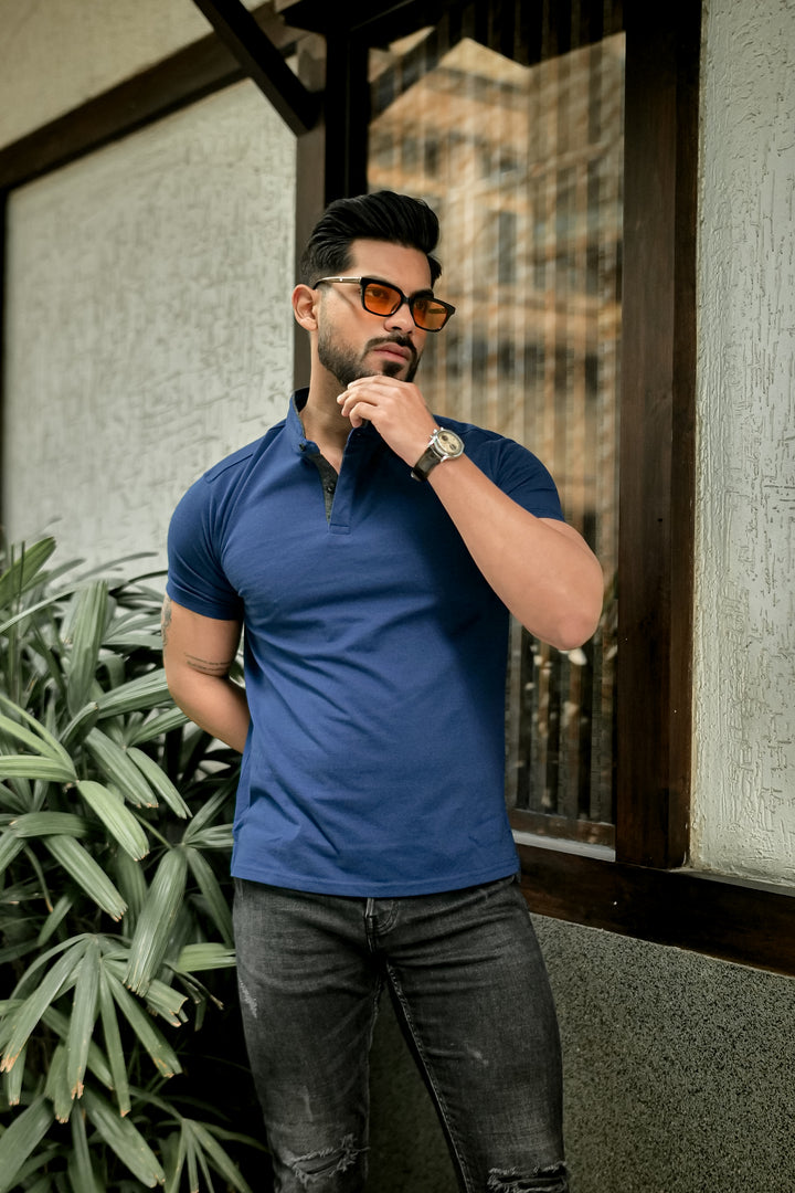 Royal Blue Mandarin Collar Tinted Fabric Henley T-Shirt