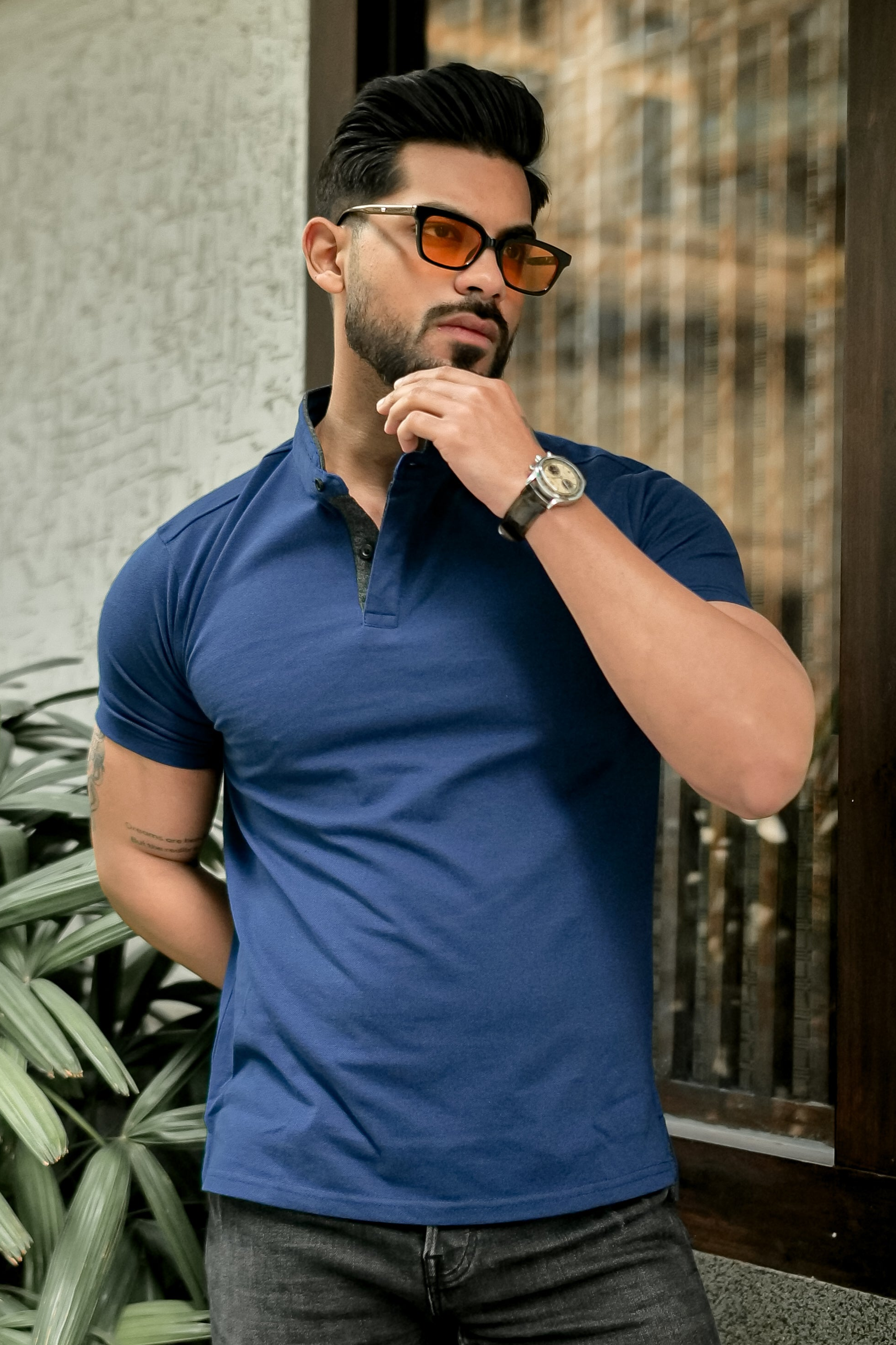 Royal Blue Mandarin Collar Tinted Fabric Henley T-Shirt