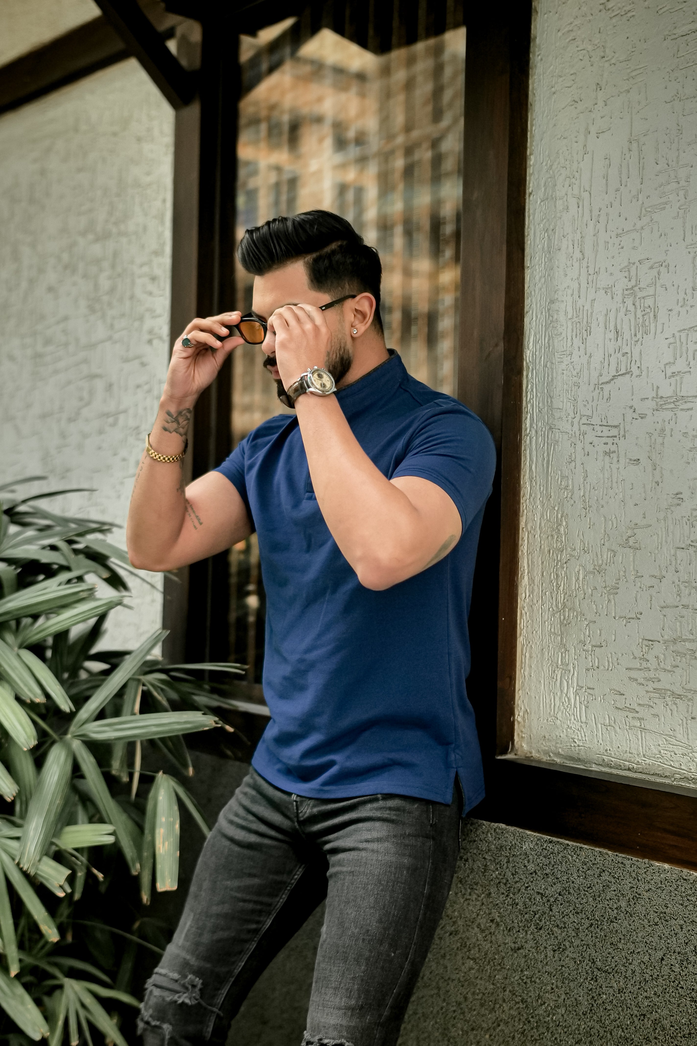 Royal Blue Mandarin Collar Tinted Fabric Henley T-Shirt