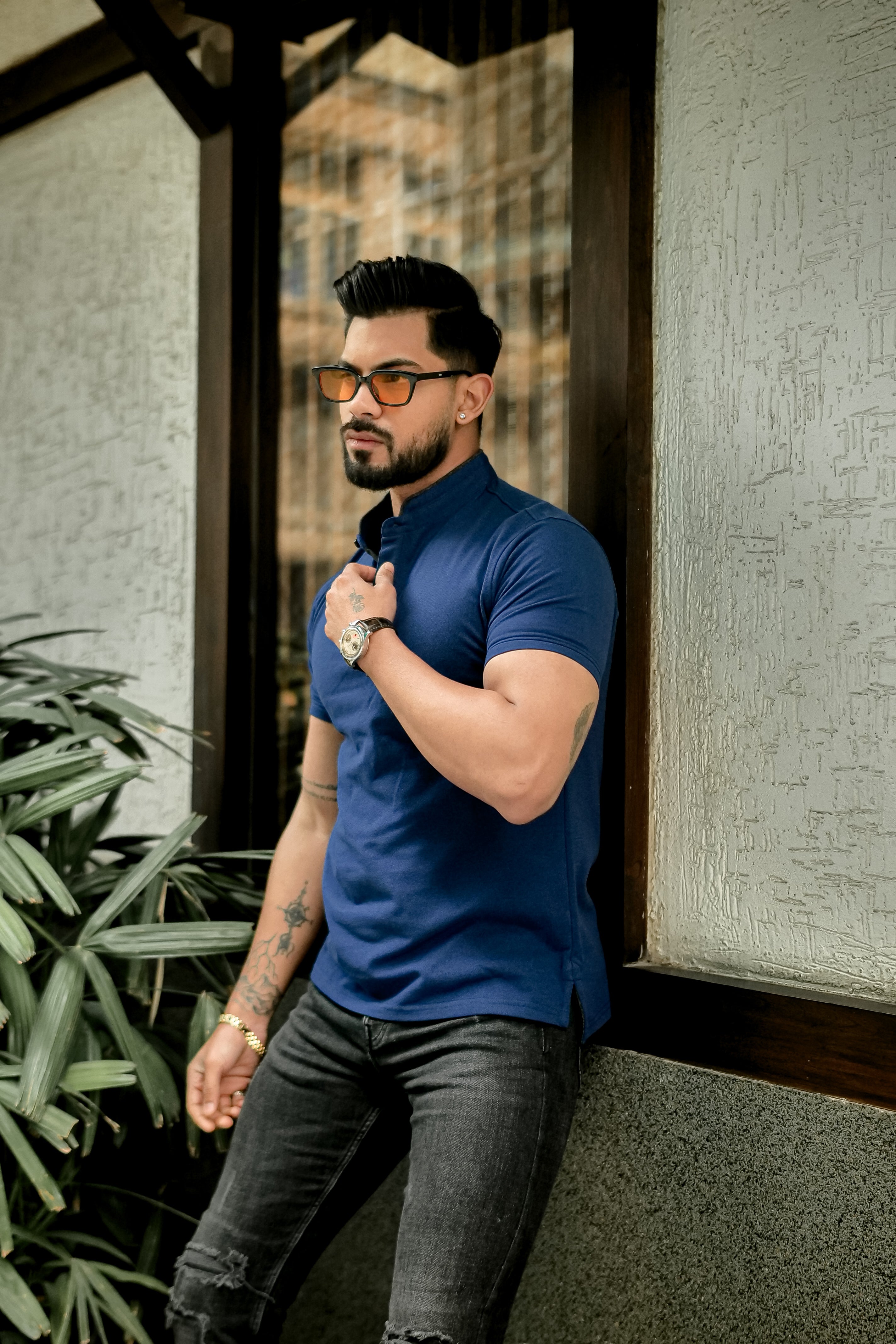 Royal Blue Mandarin Collar Tinted Fabric Henley T-Shirt