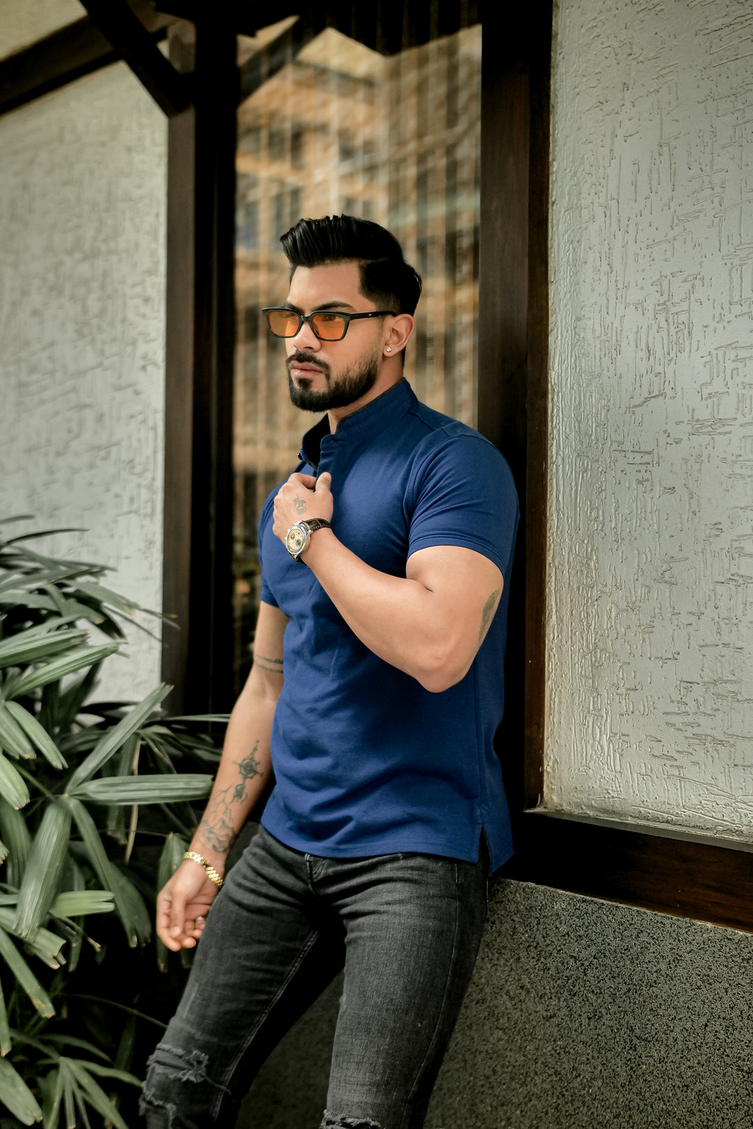 Royal Blue Mandarin Collar Tinted Fabric Henley T-Shirt