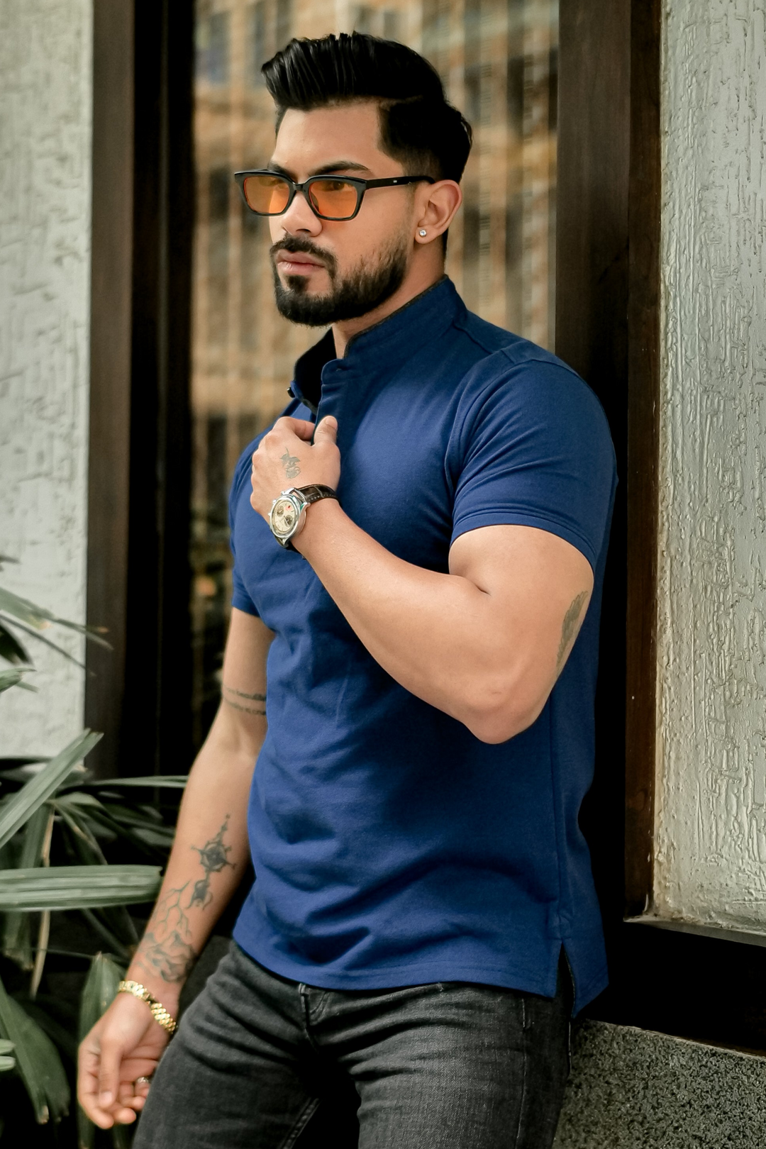 Royal Blue Mandarin Collar Tinted Fabric Henley T-Shirt