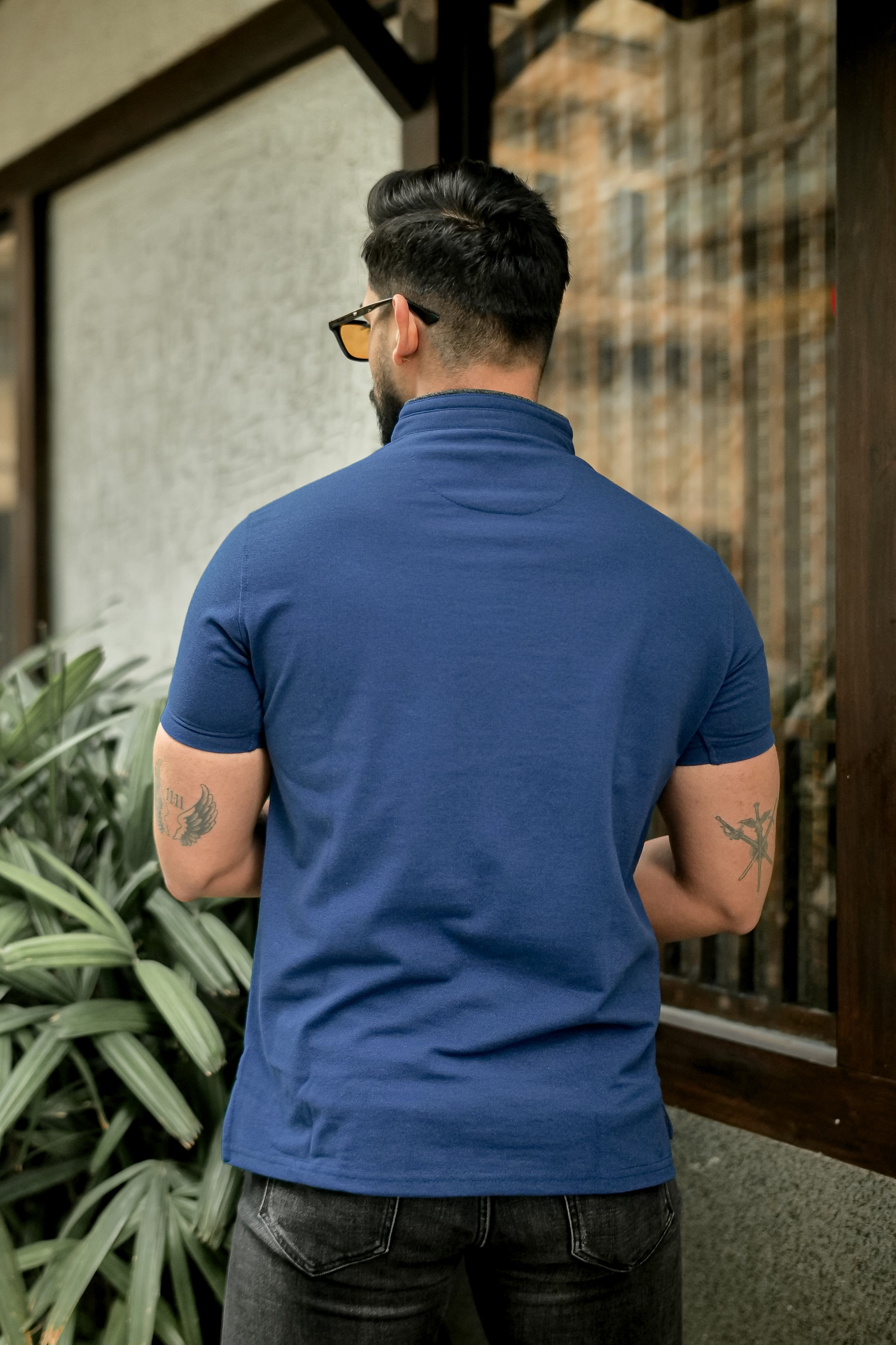 Royal Blue Mandarin Collar Tinted Fabric Henley T-Shirt