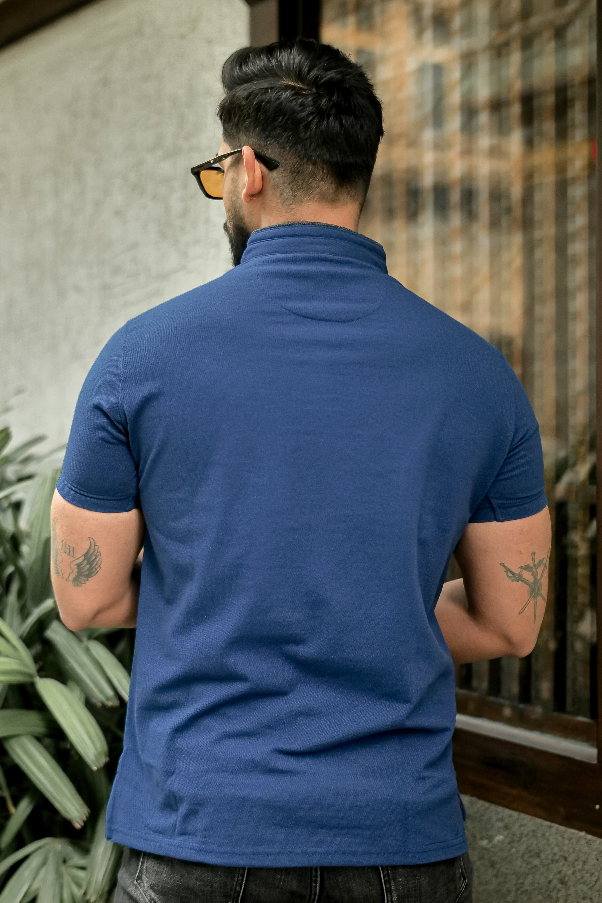 Royal Blue Mandarin Collar Tinted Fabric Henley T-Shirt
