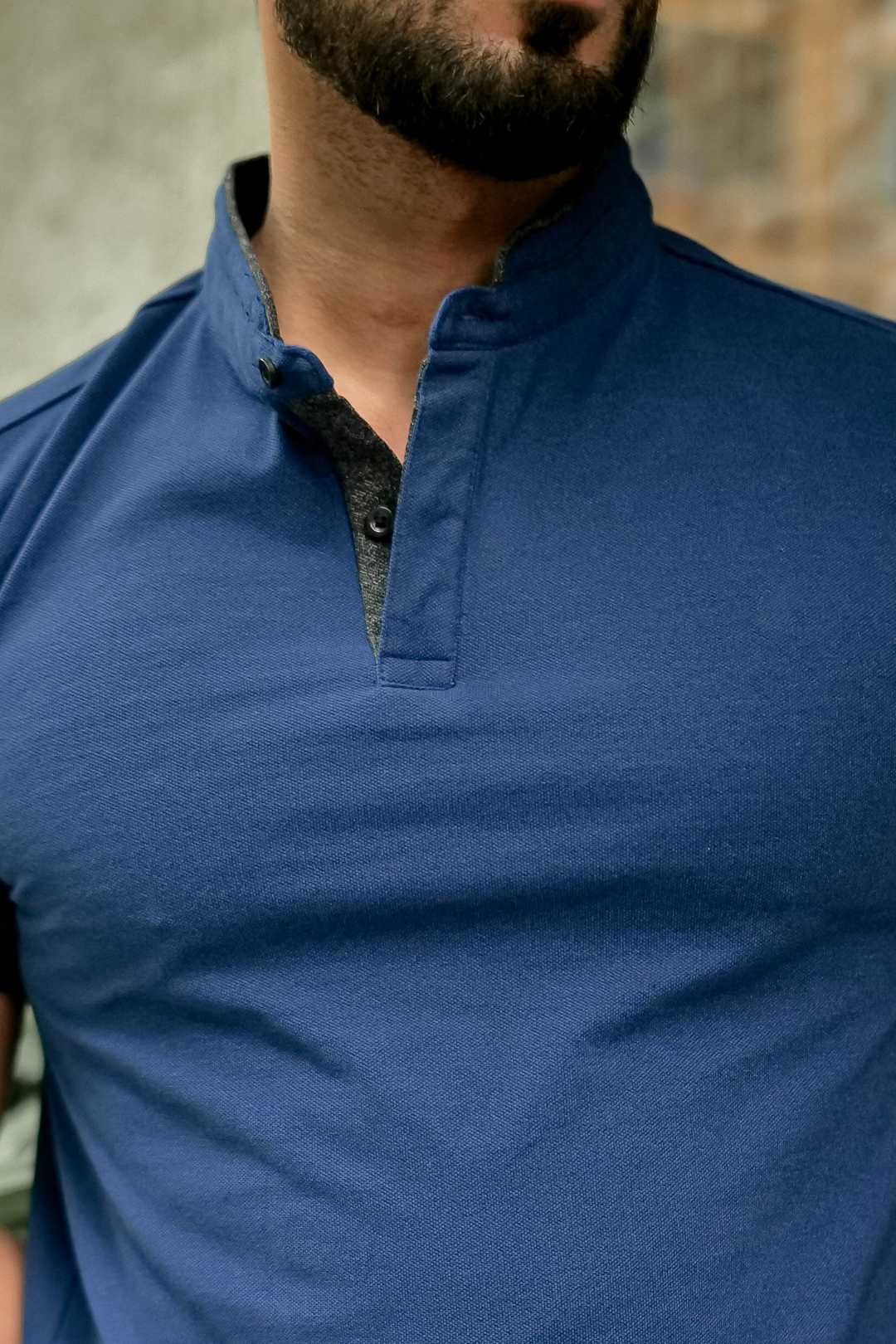 Royal Blue Mandarin Collar Tinted Fabric Henley T-Shirt