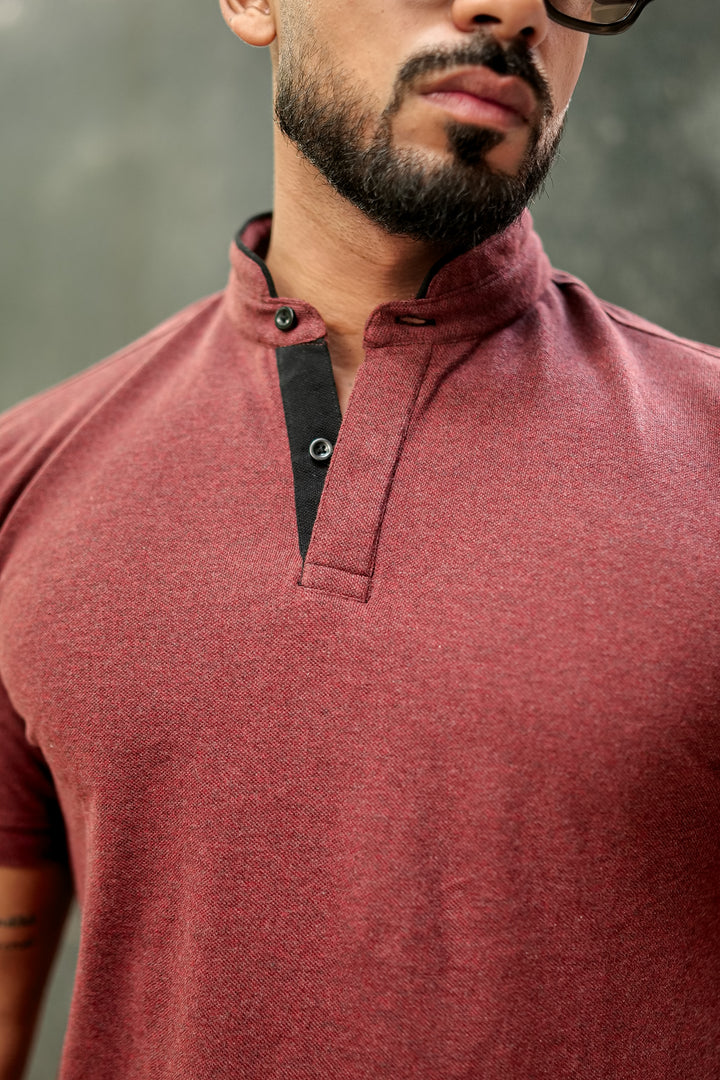 Brown Mandarin Collar Tinted Fabric Henley T-Shirt