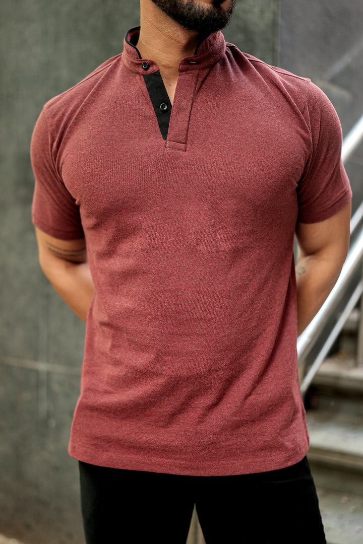 Brown Mandarin Collar Tinted Fabric Henley T-Shirt