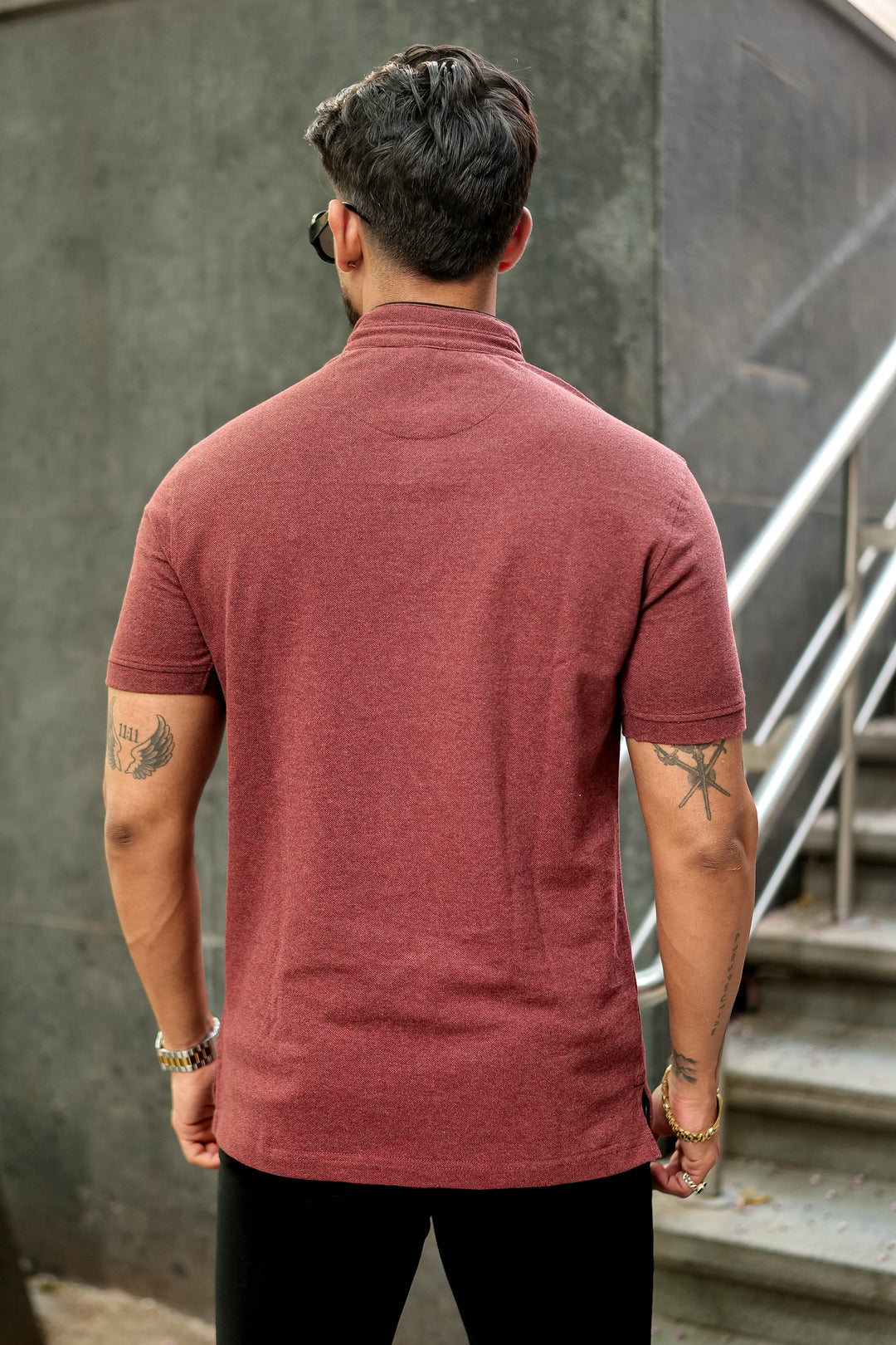 Brown Mandarin Collar Tinted Fabric Henley T-Shirt