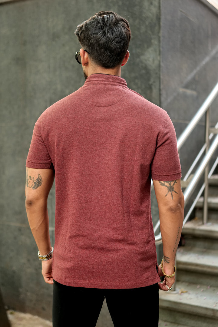 Brown Mandarin Collar Tinted Fabric Henley T-Shirt