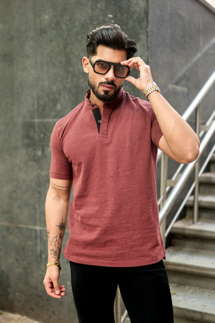 Brown Mandarin Collar Tinted Fabric Henley T-Shirt