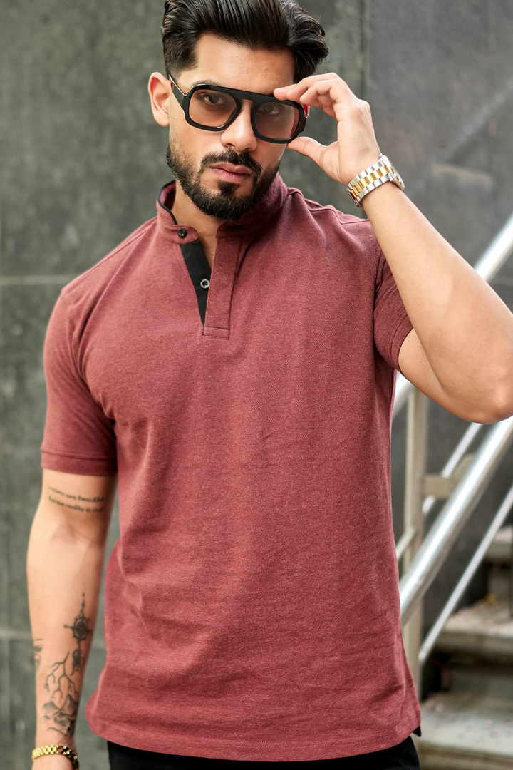 Brown Mandarin Collar Tinted Fabric Henley T-Shirt