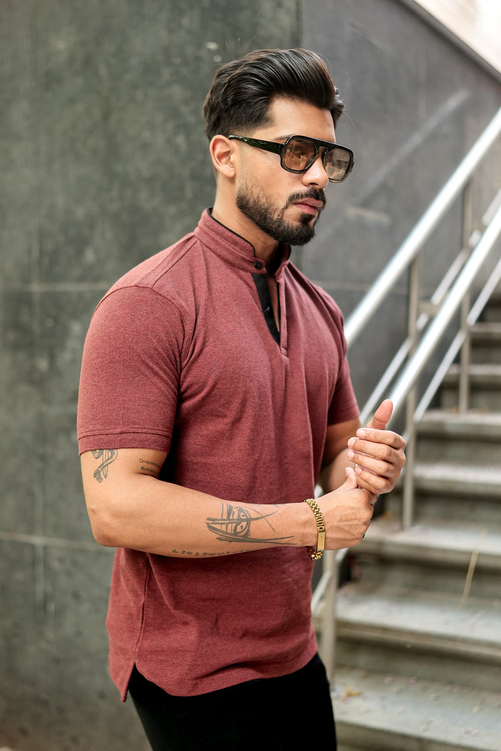 Brown Mandarin Collar Tinted Fabric Henley T-Shirt