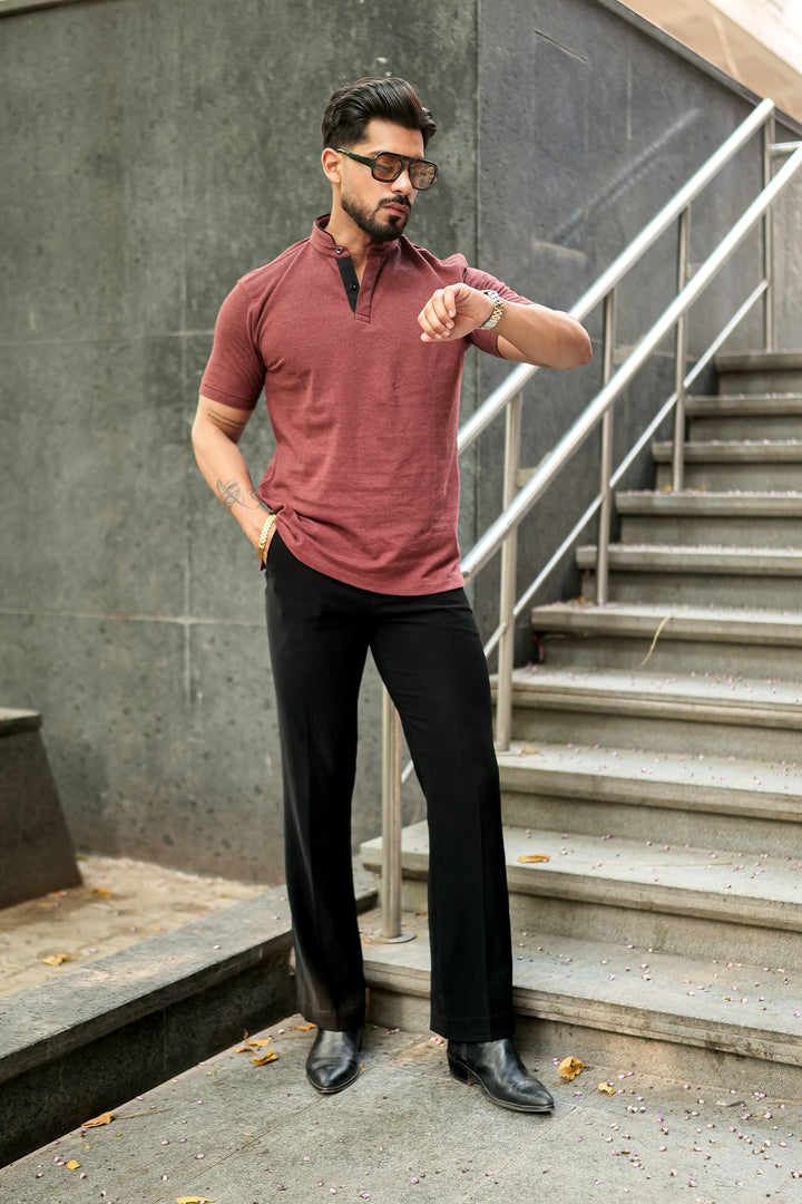 Brown Mandarin Collar Tinted Fabric Henley T-Shirt