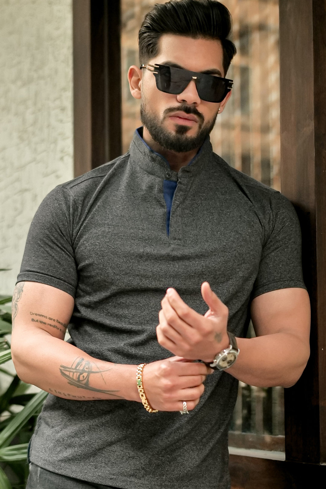Dark Grey Mandarin Collar Tinted Fabric Henley T-Shirt – Gritstones