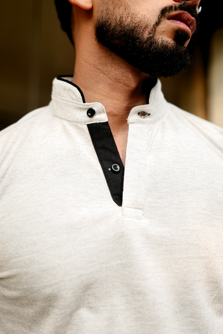 Grey Melange Mandarin Collar Tinted Henley T-Shirt