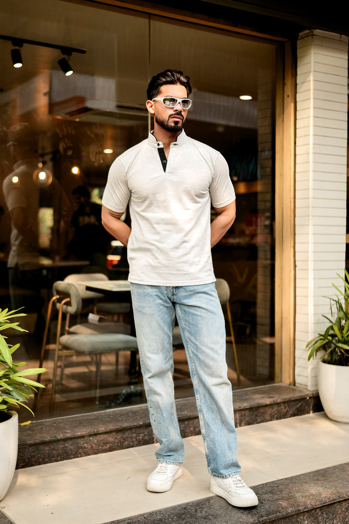 Grey Melange Mandarin Collar Tinted Henley T-Shirt