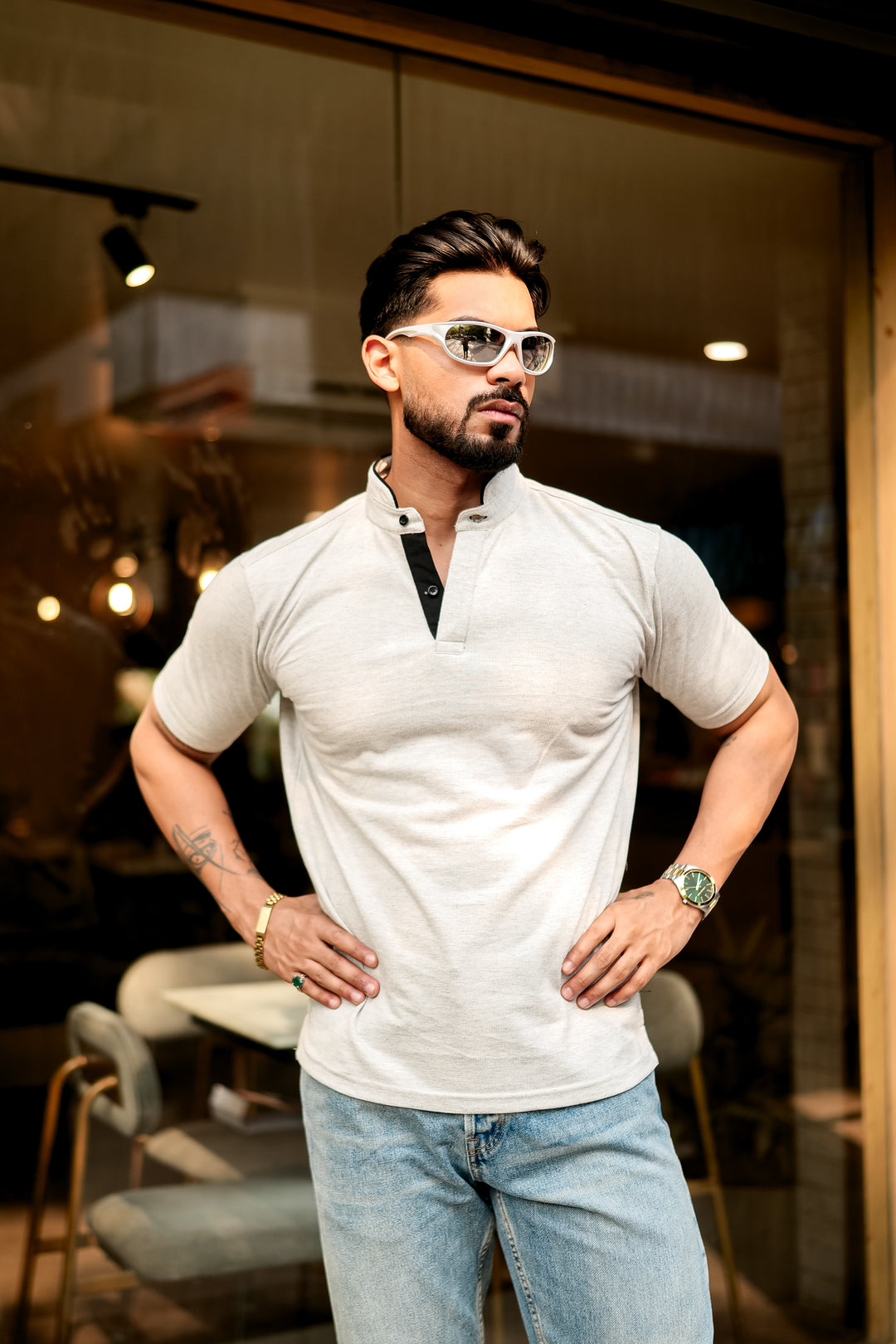 Grey Melange Mandarin Collar Tinted Henley T-Shirt