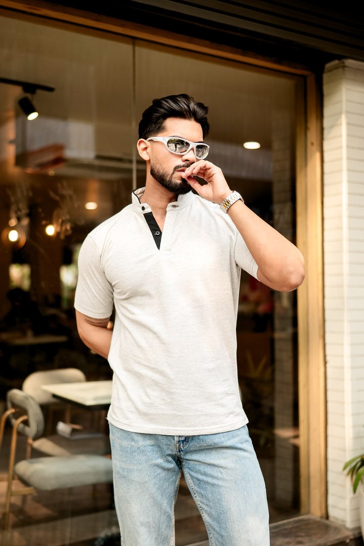 Grey Melange Mandarin Collar Tinted Henley T-Shirt