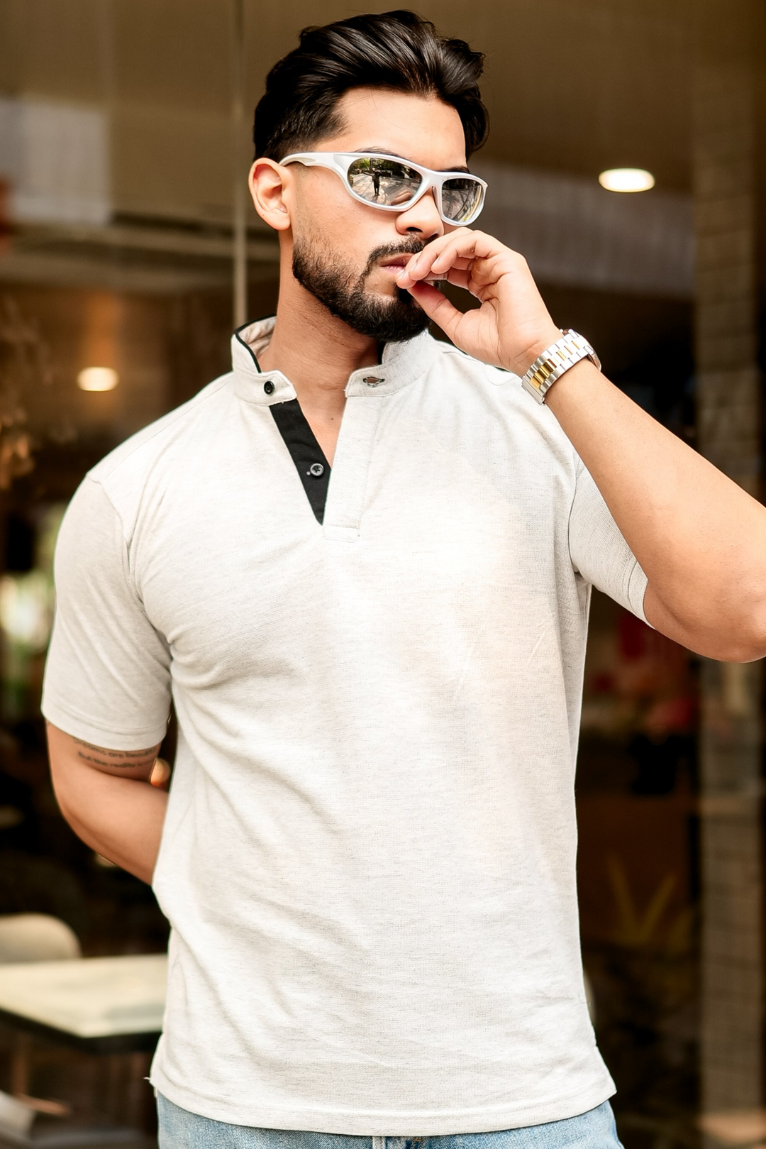 Grey Melange Mandarin Collar Tinted Henley T-Shirt
