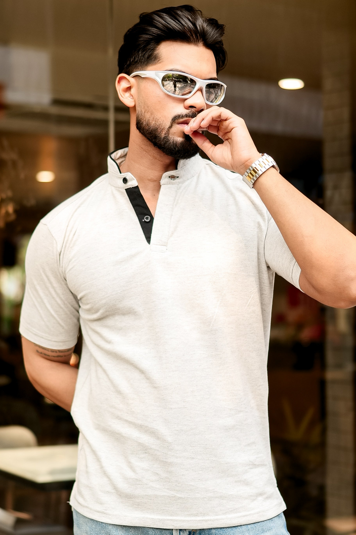 Grey Melange Mandarin Collar Tinted Henley T-Shirt