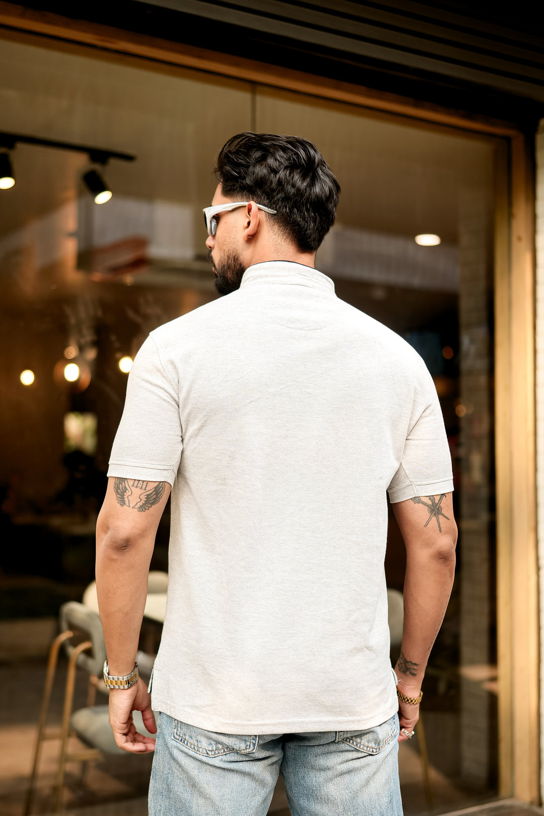 Grey Melange Mandarin Collar Tinted Henley T-Shirt