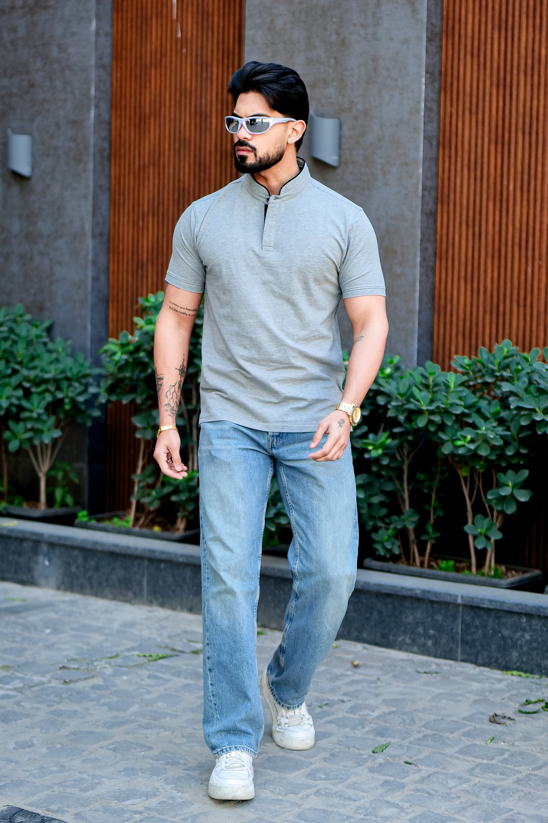 Blue Mandarin Collar Tinted Fabric Henley T-Shirt