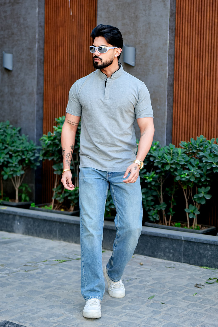 Blue Mandarin Collar Tinted Fabric Henley T-Shirt